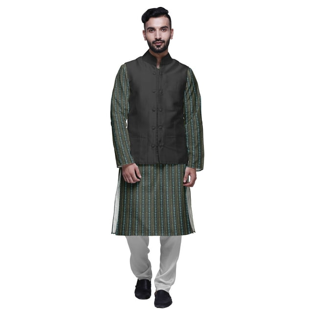 Atasi Ensemble Kurta Pyjama Indien pour Hommes, Veste Imprimée Classique Décontractée