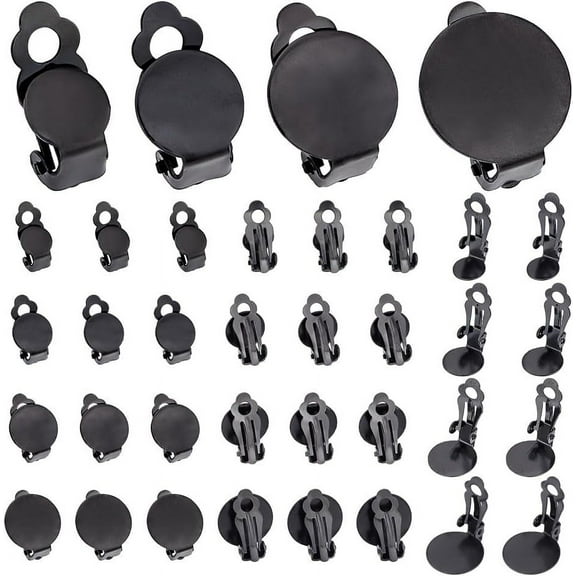Black 32Pcs 4 Styles Stainless Steel Clip-On Earring Findings Sets Metal Flat Round Blank Clip-on Earring Black Hypoallergenic Clip-On Earring Converter Earring Pads for Earring Making