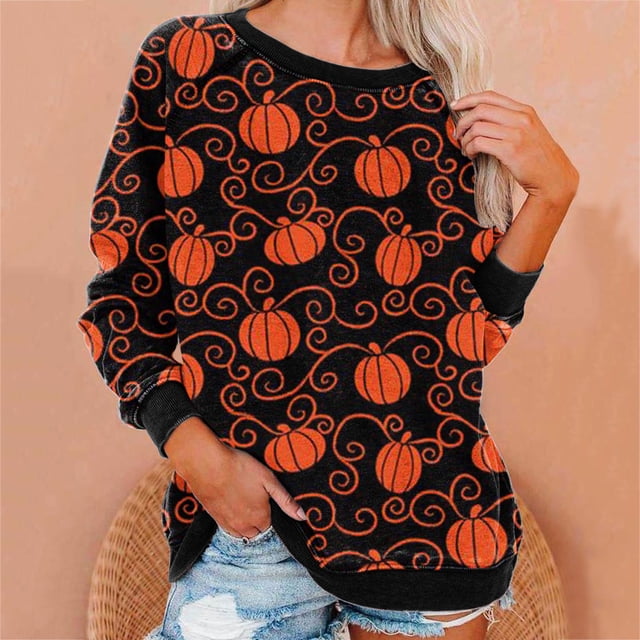 2023 Chandail en Molleton de Mode pour Femmes 50 % de Rabais Liquidation Femmes Manches Longues Décontractées Col Rond Hauts Blouse Ample Imprimé Graphique d'Halloween