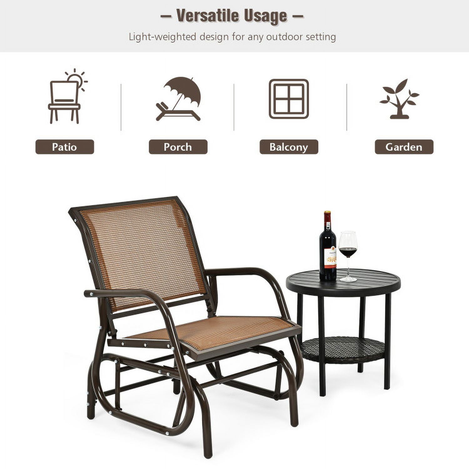 Aimee Lii Outdoor Single Chair with Coffee Table, Patio Glider Bench, Porch, Backyard, Sturdy, Brown