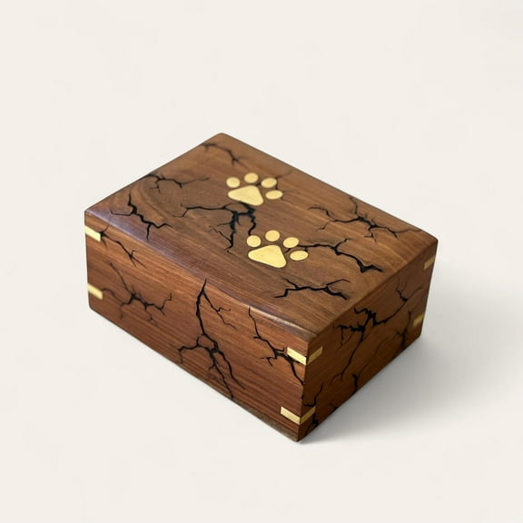 Personalized Cremation Urns for Dog Ashes - Handmade Wooden Pet Urn with Paw Print Inlay – Premium Cracked Wood Design with Brass Accents