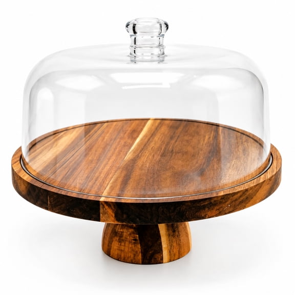 11 Inch Wood Glass Cake Stand with Dome, 2-in-1 Magnetic Cake Plate with Lid, Multifunctional Serving Platter for Birthday Kitchen Party Charcuterie Board