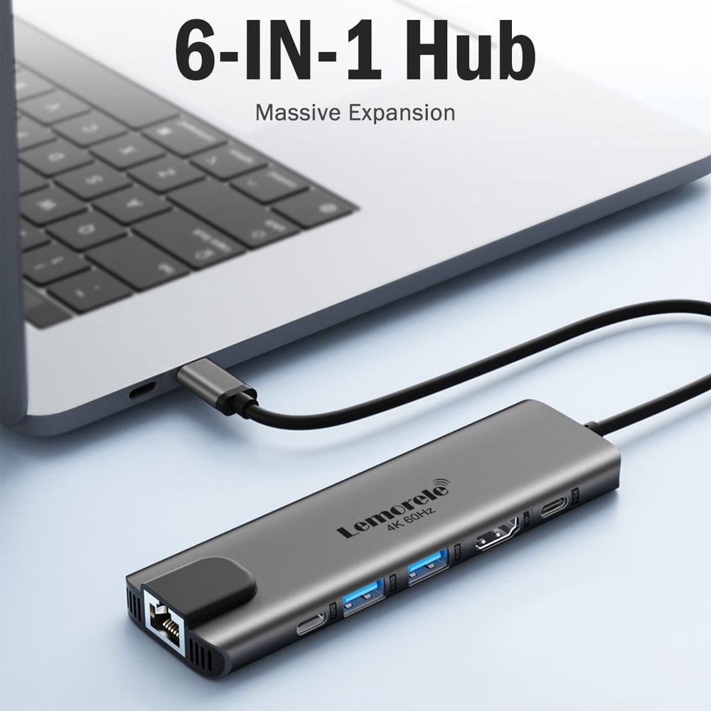 Lemorele Docking Station, 6-in-1 Aluminum USB C Adapter with 4k HDMI, USB a 3.0 and USB C 3.0, Gigabit Ethernet, 100w Fast Charge, Support Windows/Macos/Android/Ios/Linux
