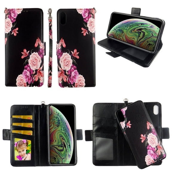 Black Flower Case for iPhone X / XS / X10 Magnetic Detachable Pu Leather Wallet Cover with Flap Closure and Snap-on Book Style Cases with Card Holders Wrist Strap 2 in 1 Folio Flip Covers