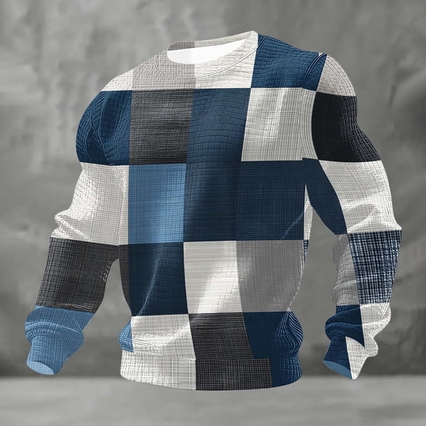 Ceisia Men's All-Season Casual Regular Fit Crew Neck Sweatshirt Modern Geometric Color Block Patchwork Print Waffle Knit Stretch Fabric Multicolor XXXXL Gifts