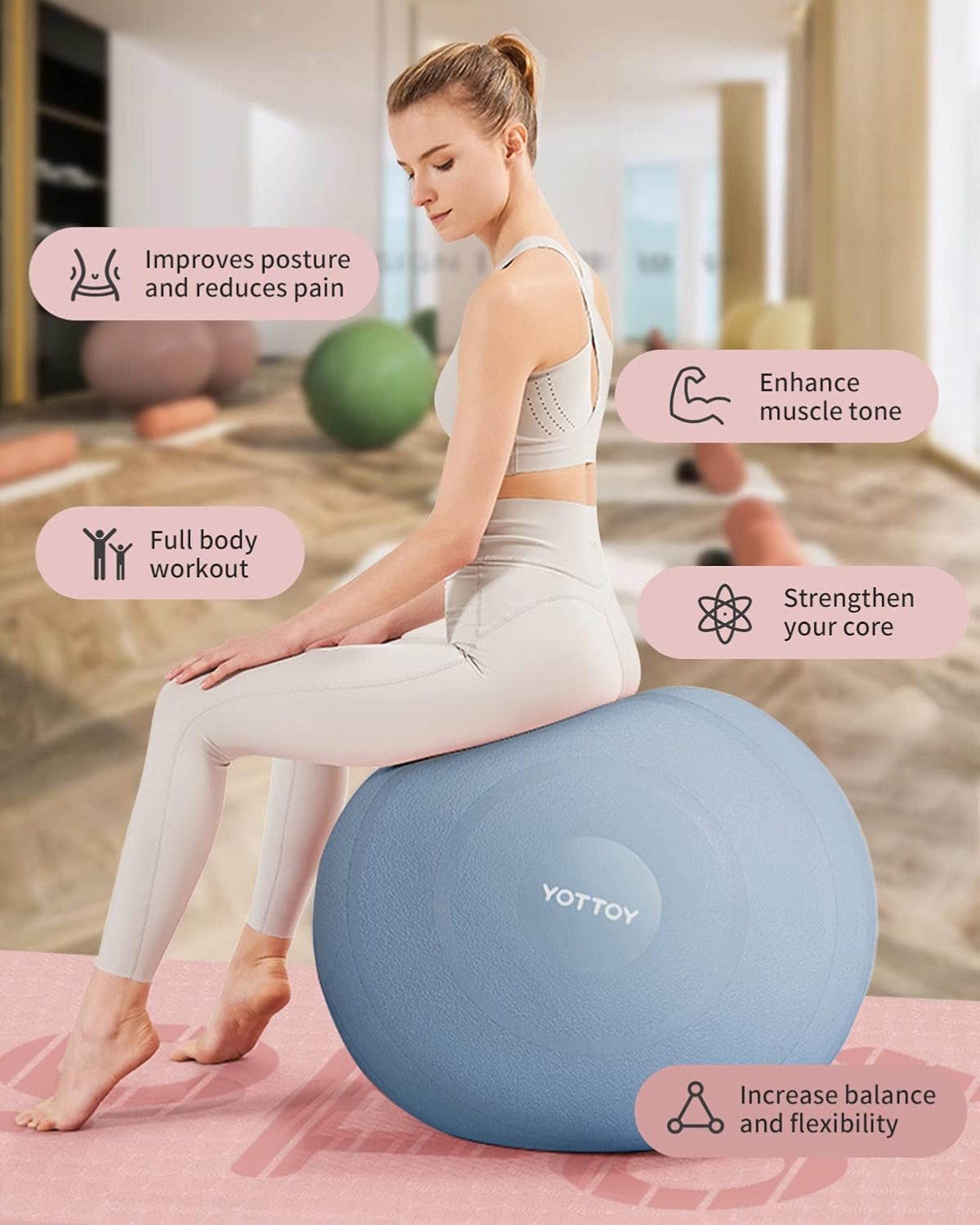 YOTTOY Anti-Burst Exercise Ball, 75 cm — Blue, Extra Thick for Yoga & Physical Therapy