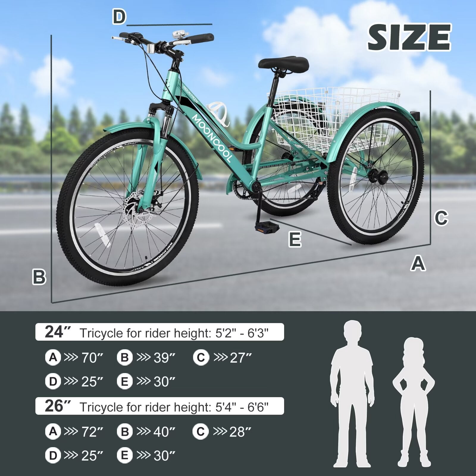 MOPHOTO 24/26 Inch Mountain Tricycle for Adults, 7 Speed Seniors Three Wheel Bikes,  Men's Women's Tricycles Trikes with Shopping Basket, Exercise