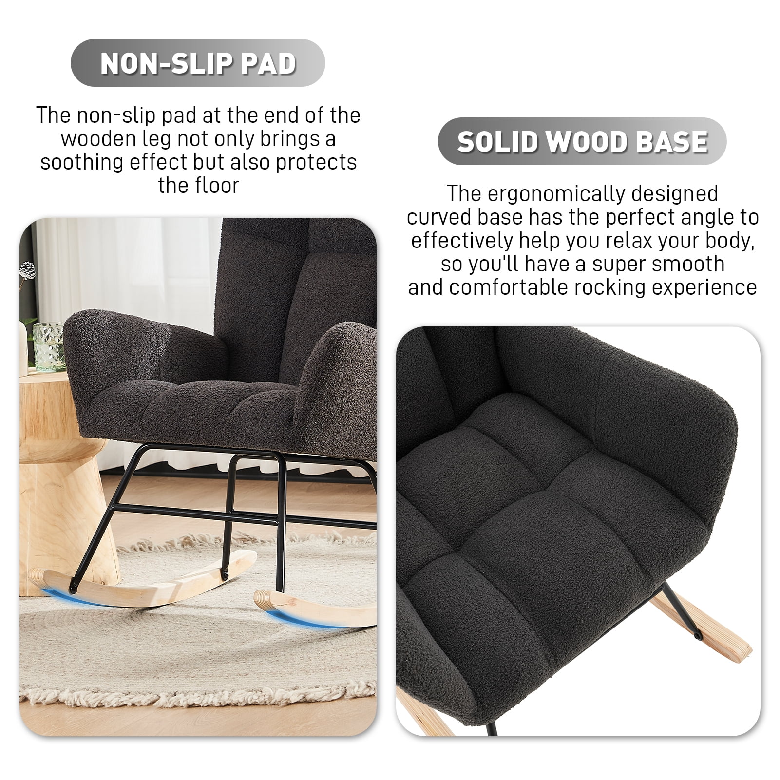 Ouyessir Nursery Rocking Chair Teddy Fabric Upholstered Glider Rocker Comfy Accent Chair with High Backrest for Living Room Bedroom Office(Dark Gray)