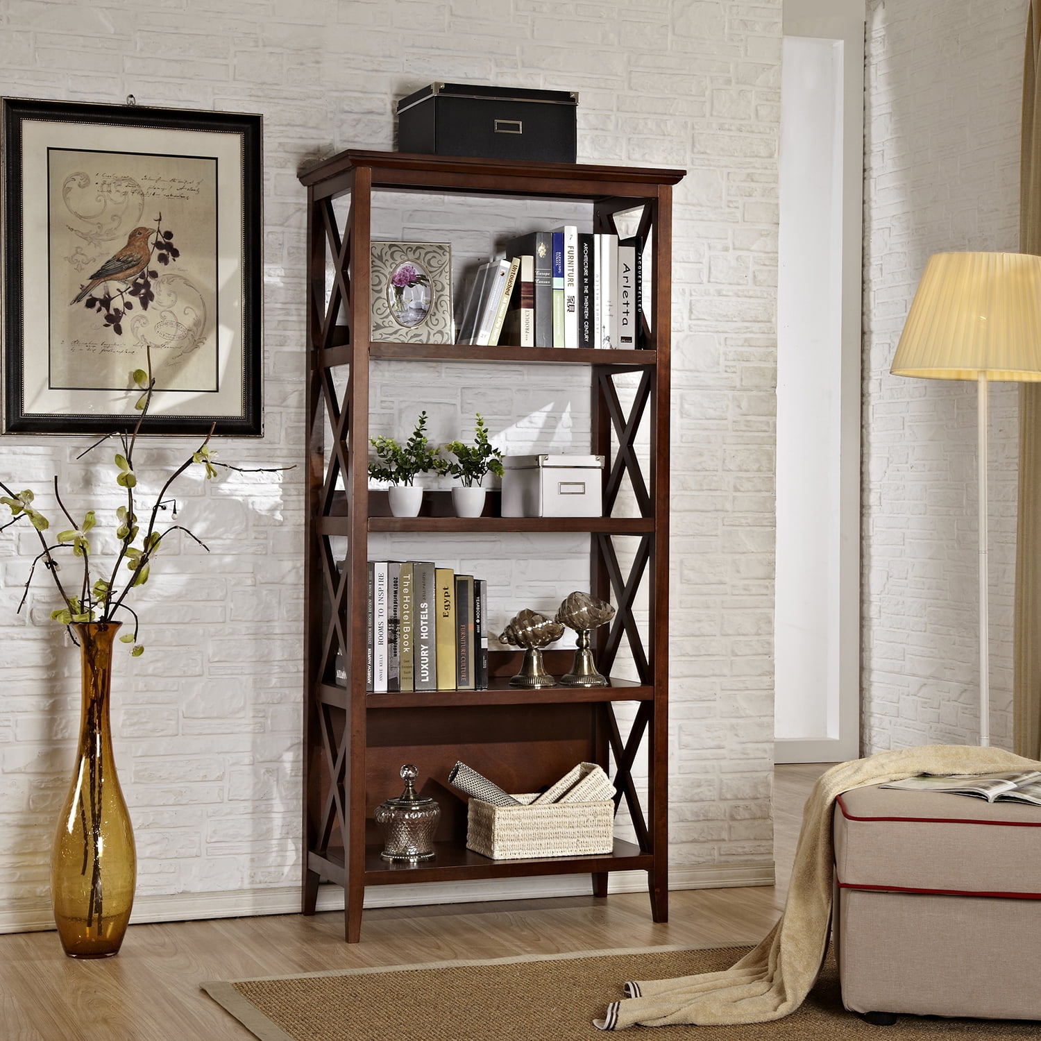 Resenkos 4 Tier Open Display Storage Shelves with Sturdy Solid Wood 67" Bookcases Book Organizer for Home Office Walnut