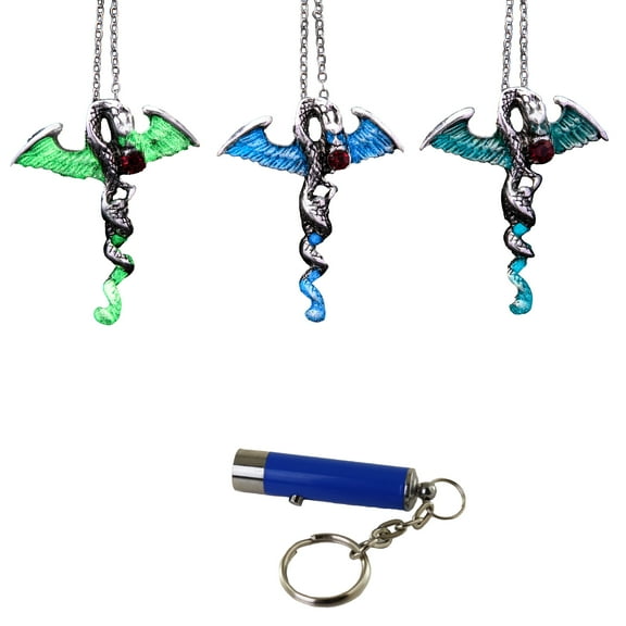 AlterImage Jewelry Winged Dragon Glow In The Dark Necklaces 3 Pack Luminous Jewelry Green Blue & Sky Blue Includes UV Light