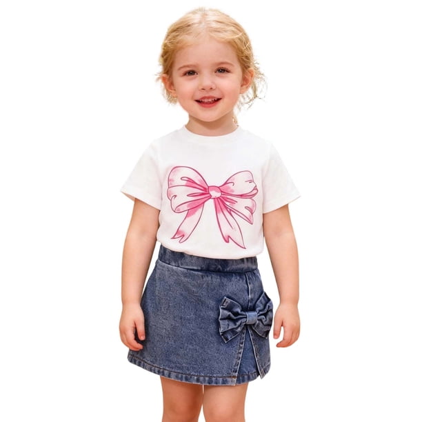 Conjunto de Dos Piezas Falda Y Top para Niñas con Pantalones de Falda de Denim, Vestido Casual de Manga Corta de Verano