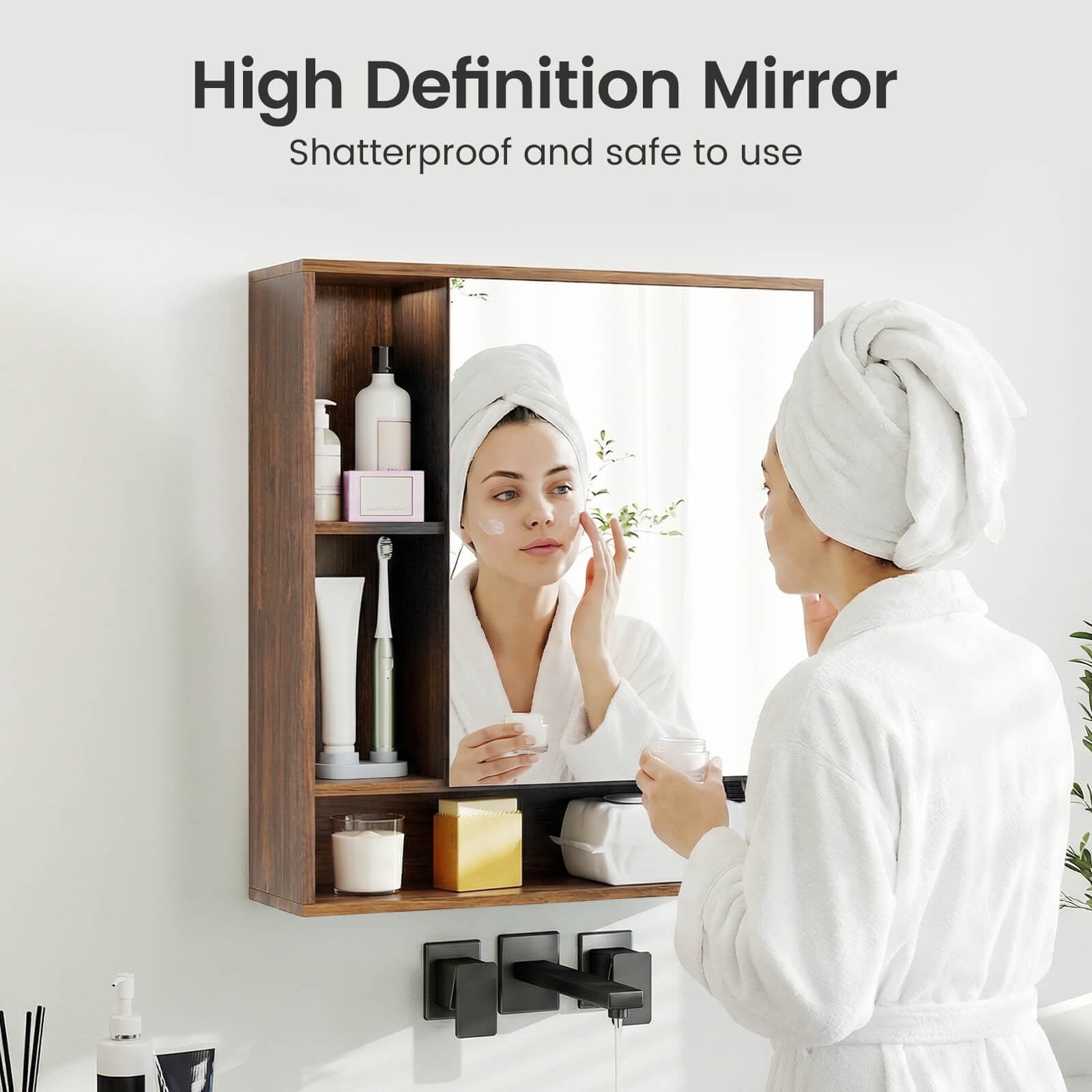 Costway Bathroom Wall Cabinet with Mirror, Single Door, 3 Open Shelves & Adjustable Shelf Walnut