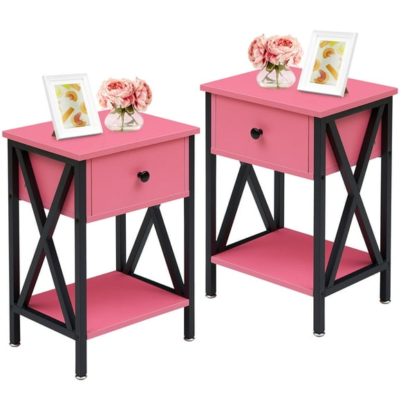 VECELO Set of 2 Nightstand with 1-Drawer and Shelf, Modern X-Design Side End Table for Living Room Bedroom, Pink