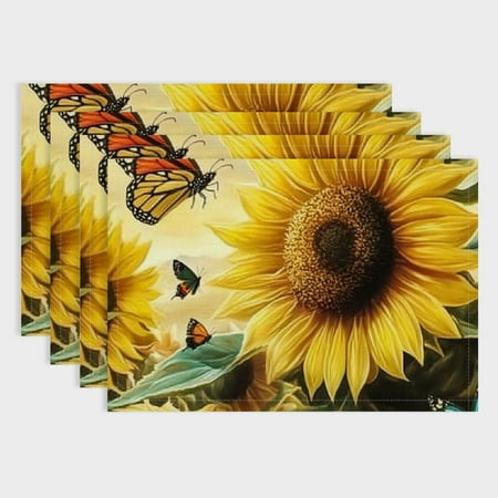 

Shiartex Sunflowers Butterflies Bird Placemat Set of 4 Linen Dining Table Mats for Elegant Home Decor and Special Occasions 18x12in