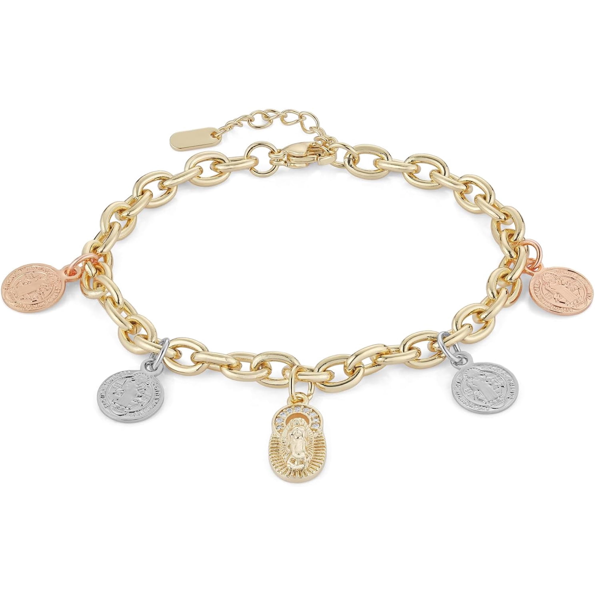 7In Brass Saint Benedict Multi-Color Coin & Virgin Mary Pendant Bracelet for Women, Trendy Fashion Jewelry