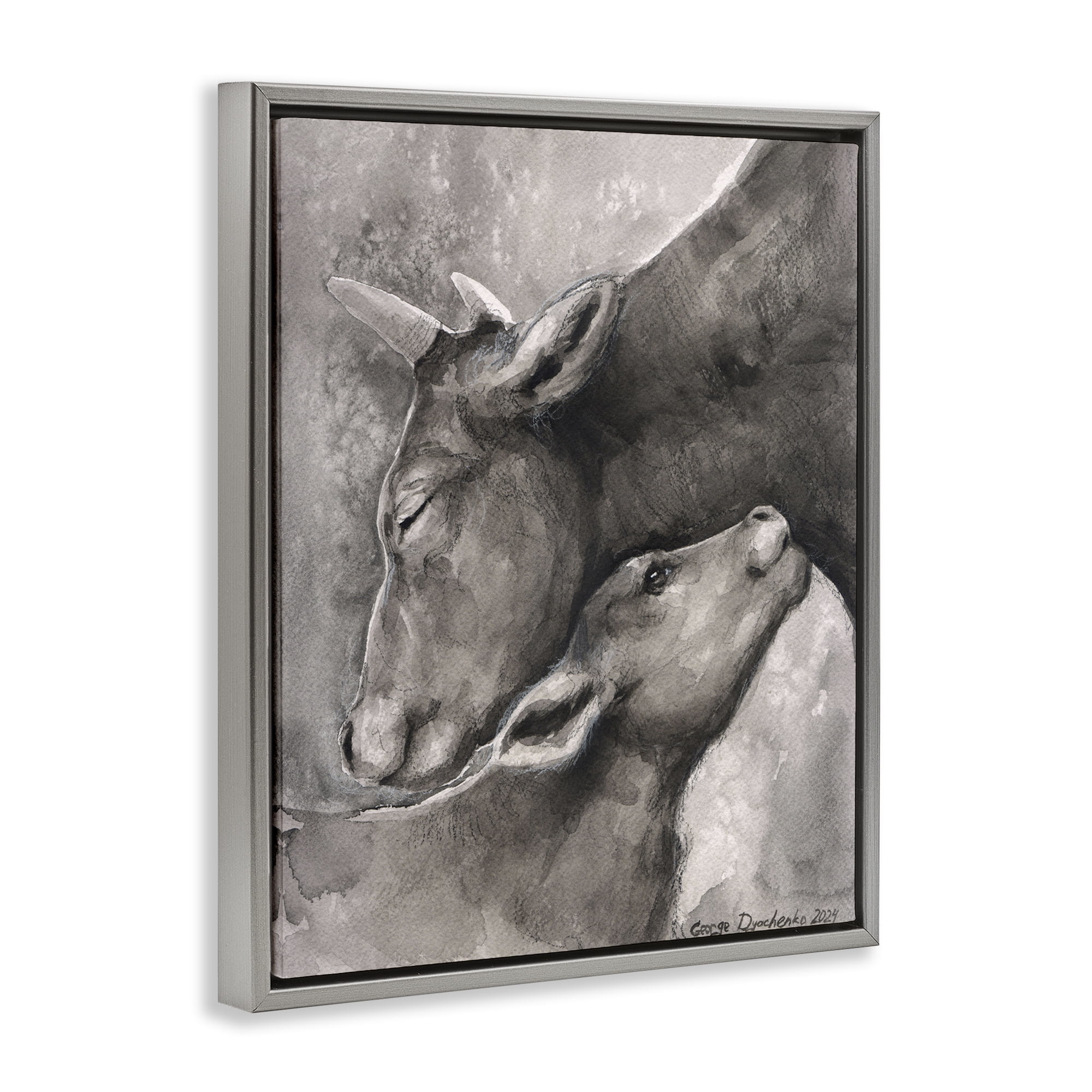 Stupell Industries Mother Cow & Calf Animals Drawing Gray Floater Framed Canvas Art Print Wall Art, 25 x 31