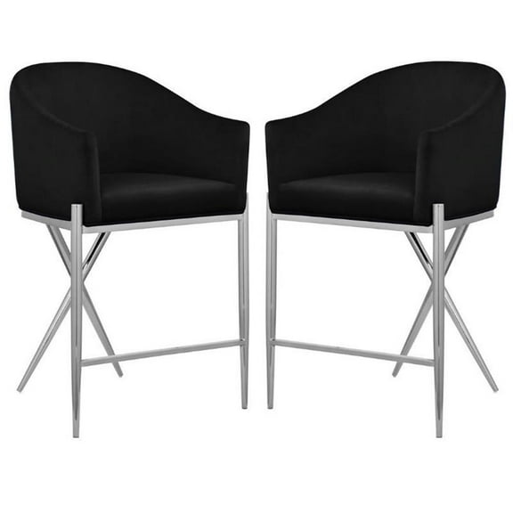 Home Square Black Velvet Counter Stool with Chrome Metal Legs - Set of 2