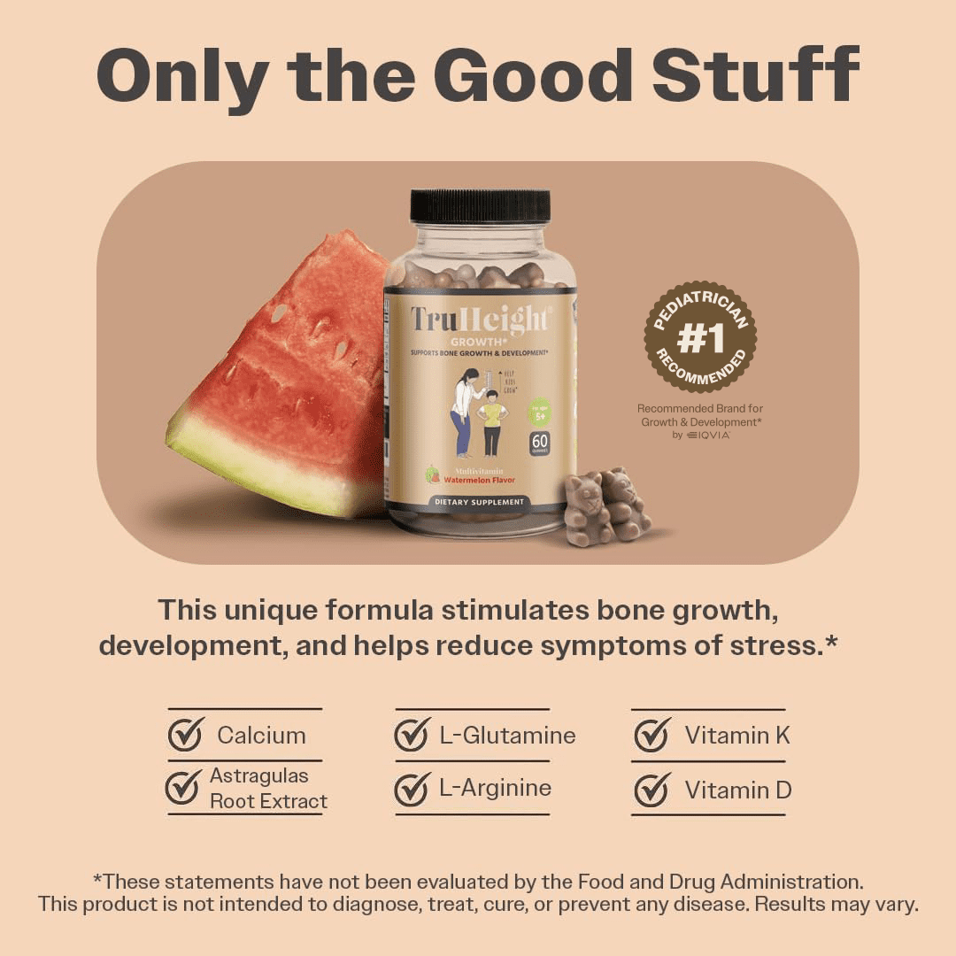 TruHeight Growth Gummies (Watermelon) Natural Growth & Development Supplement for Kids & Teens - Vitamin D, K, Calcium & Ashwaganda - Bone Strength Vitamins - Picky Eater Vitamin for Kids - Ages 5+