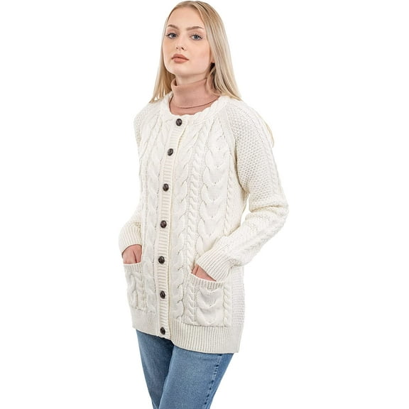 Irish Merino Wool Lumber Cardigan for Women's Cable Jacket with Buttons and Pockets Made in Ireland