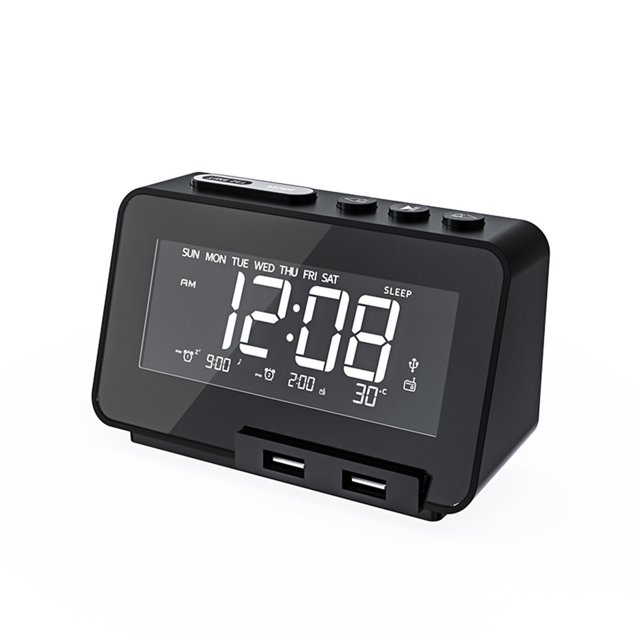 Reloj despertador de radio multifuncional Altavoz BT con retroiluminación LCD Pantalla Pantalla de t Abanopi Negro