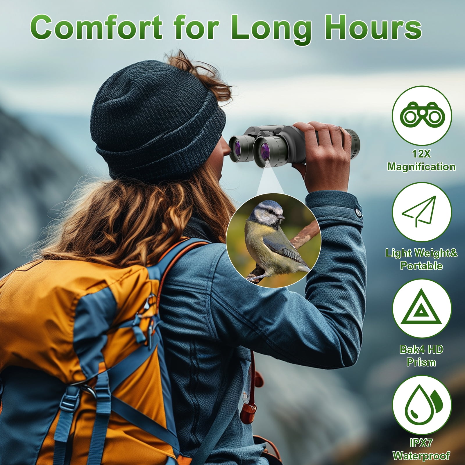 Tanalar 12x45 compact adult and children's binoculars, large eyepiece waterproof low light vision, outdoor viewing and hunting binoculars