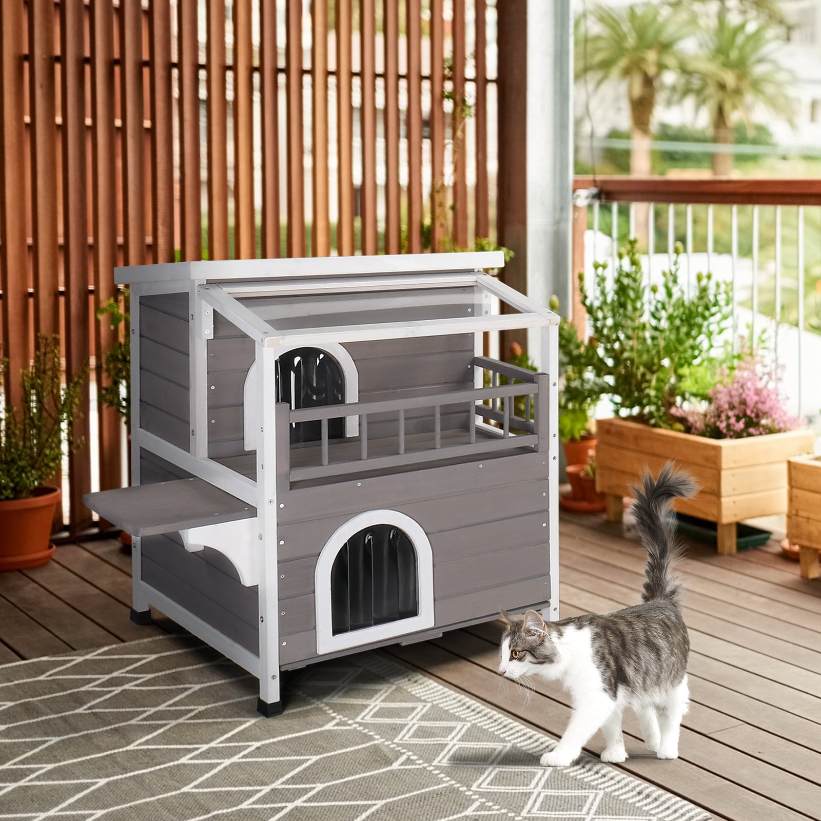 Zephypaws 2-Story Cat Shelter House with Transparent Canopy & Large Balcony, Indoor Outdoor, Grey & White