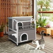 Ktaxon Outdoor Cat House Wooden, 2-Story Outside Cat Shelter Condo Enclosure with Escape Door, Weatherproof Openable Roof, Gray