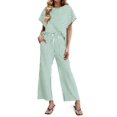 thumbnail image 3 of Womens Striped 2 Piece Set Short Sleeve T Shirts Wide Leg Pants Matching Lounge Sets with Pockets Light Green XL, 3 of 8