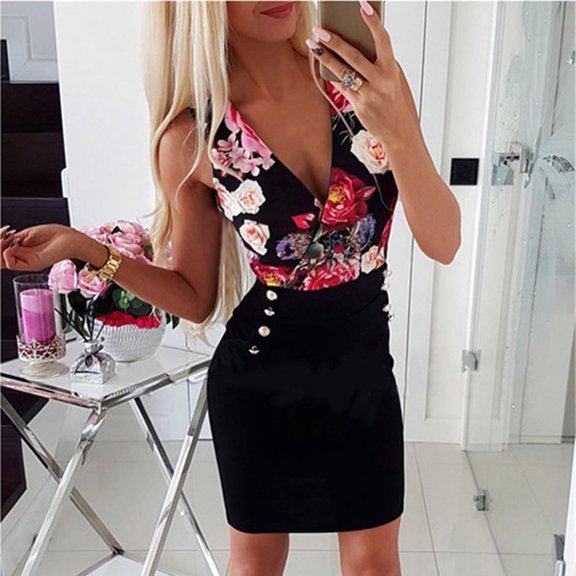 SDJMa Women's Summer Floral Print Dress Women Sexy Multicolor V-neck Printed Side Pockets Slim Hips Dress