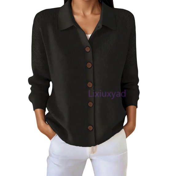 Lixiuxyad Womens Knitted Button Down Cardigan Sweater Lapel Collar Long Sleeve Open Front Cardigan Outerwear,Black