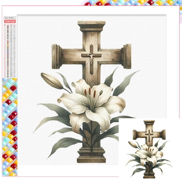 Serie Flores y Plantas Btafrte Lirio con Cruz Diamante resina Cuadrada 30x30CM Tamaño Lienzo 35x35CM