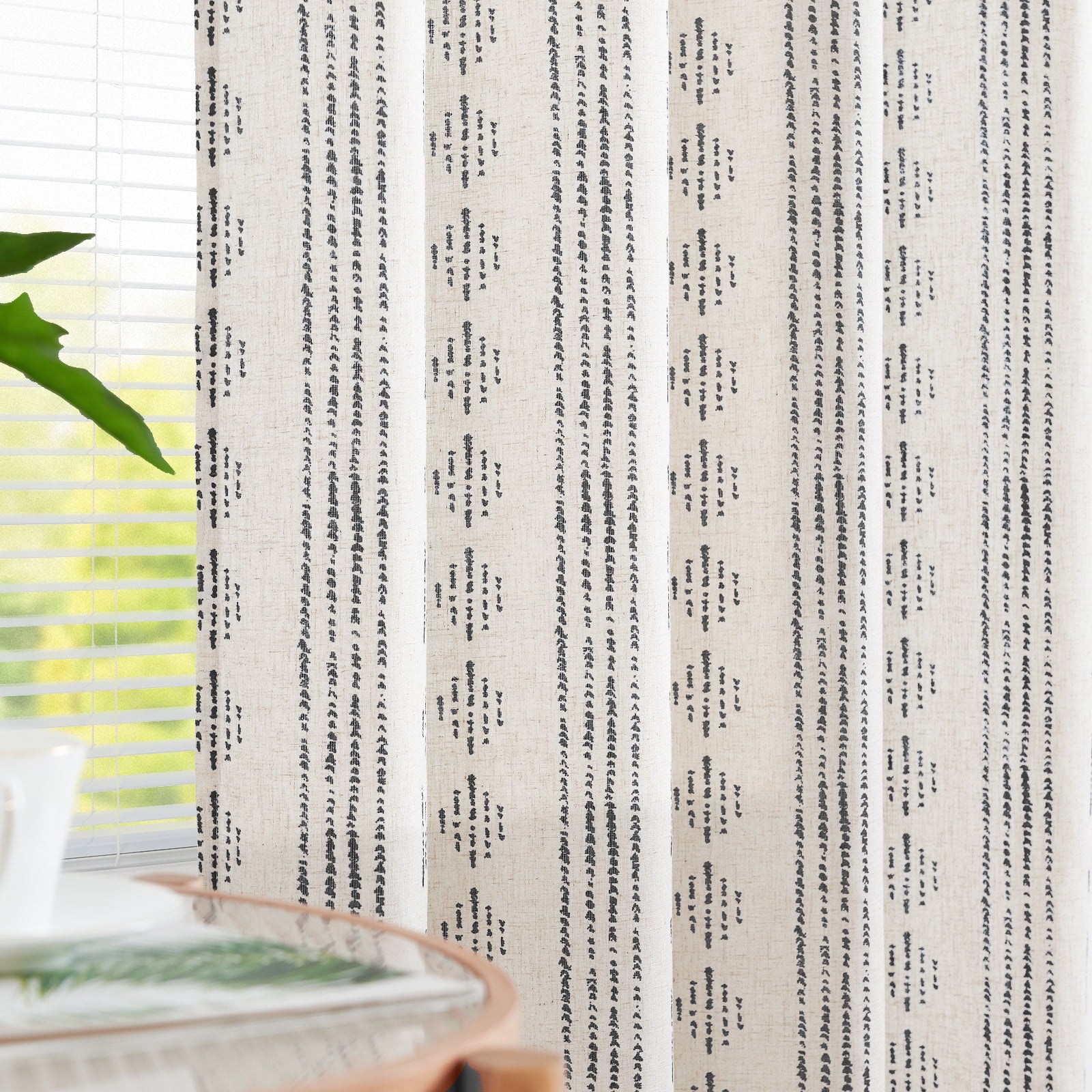 Curtainking Black Geometric Striped Curtains Light Filtering Linen Blend Farmhouse Boho Grommet Curtains for Living Room 52x84 Inch Set of 2