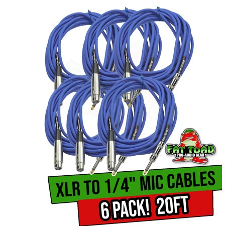 Fat Toad Microphone Cables - XLR Female to 1/4" Male Jack (6 Pack) - 20 ft Professional Pro Audio Mic Blue Cord Patch Lo-Z Connector - 20 AWG Shielded Wire and Balanced for Impeccable Recording Audio