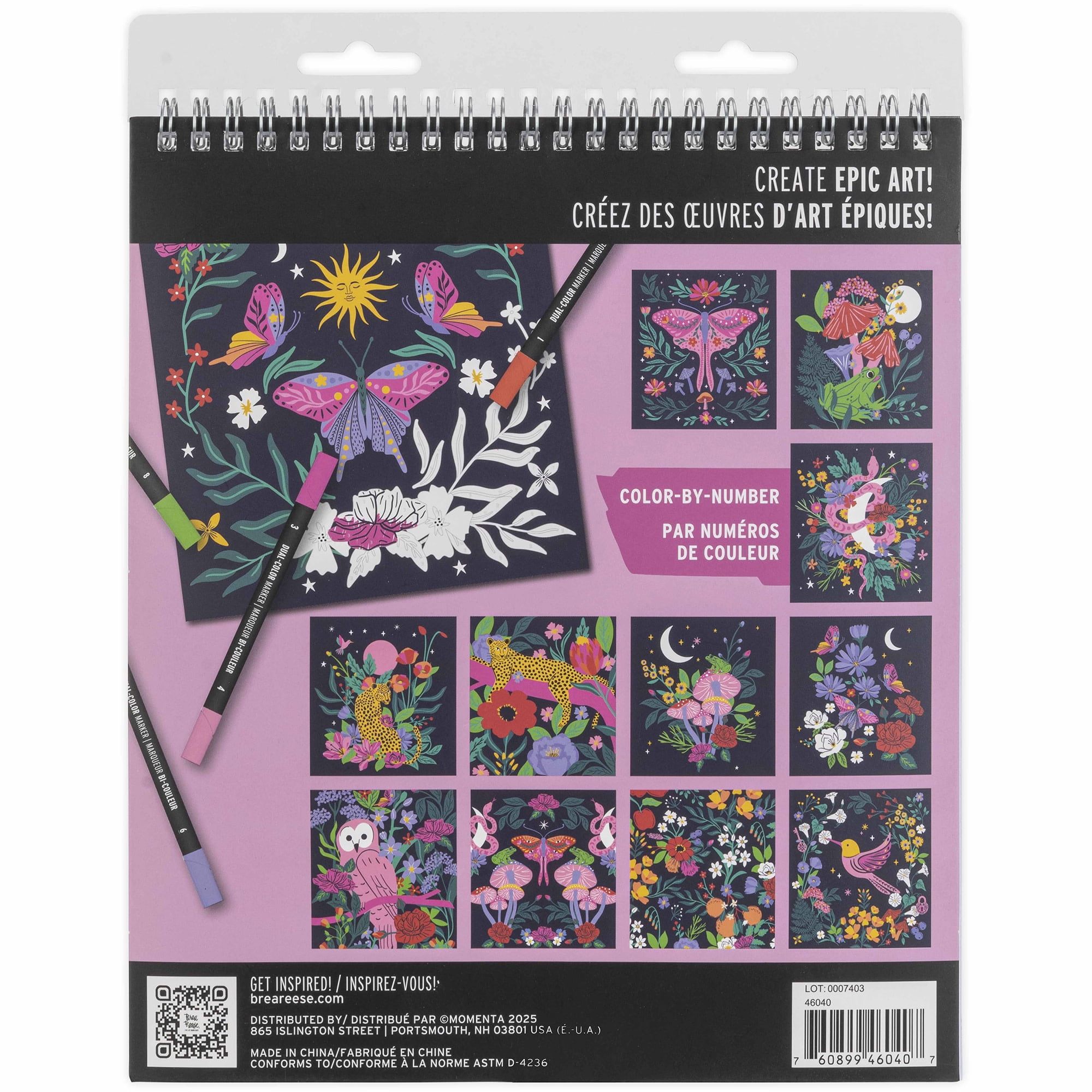 Vivid by Brea Reese: Marker Color-By-Number Kit - Whimsical Botanicals - 5 Dual-Sided Markers, 12 Coloring Pages, Nature-Animal Theme, Spiral Art Pad