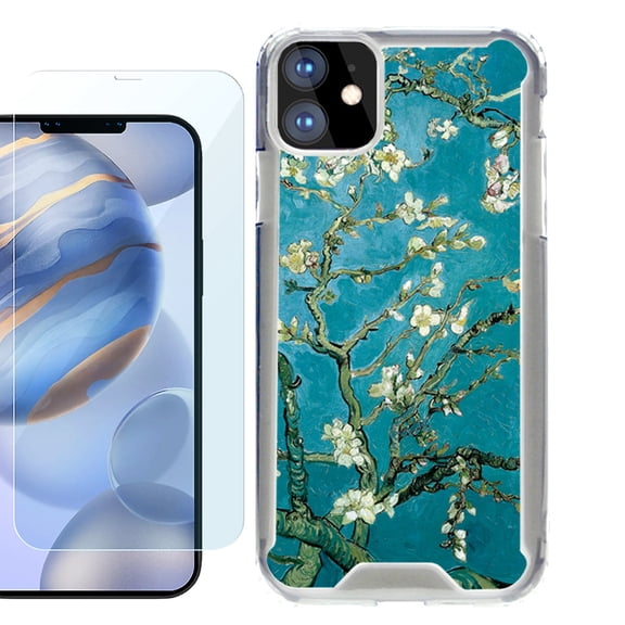 For Apple iPhone 12 Case, iPhone 12 Pro Case, Hybrid Bumper Phone case, with Tempered Glass Screen Protector, by OneToughShield ® - Almond Blossom