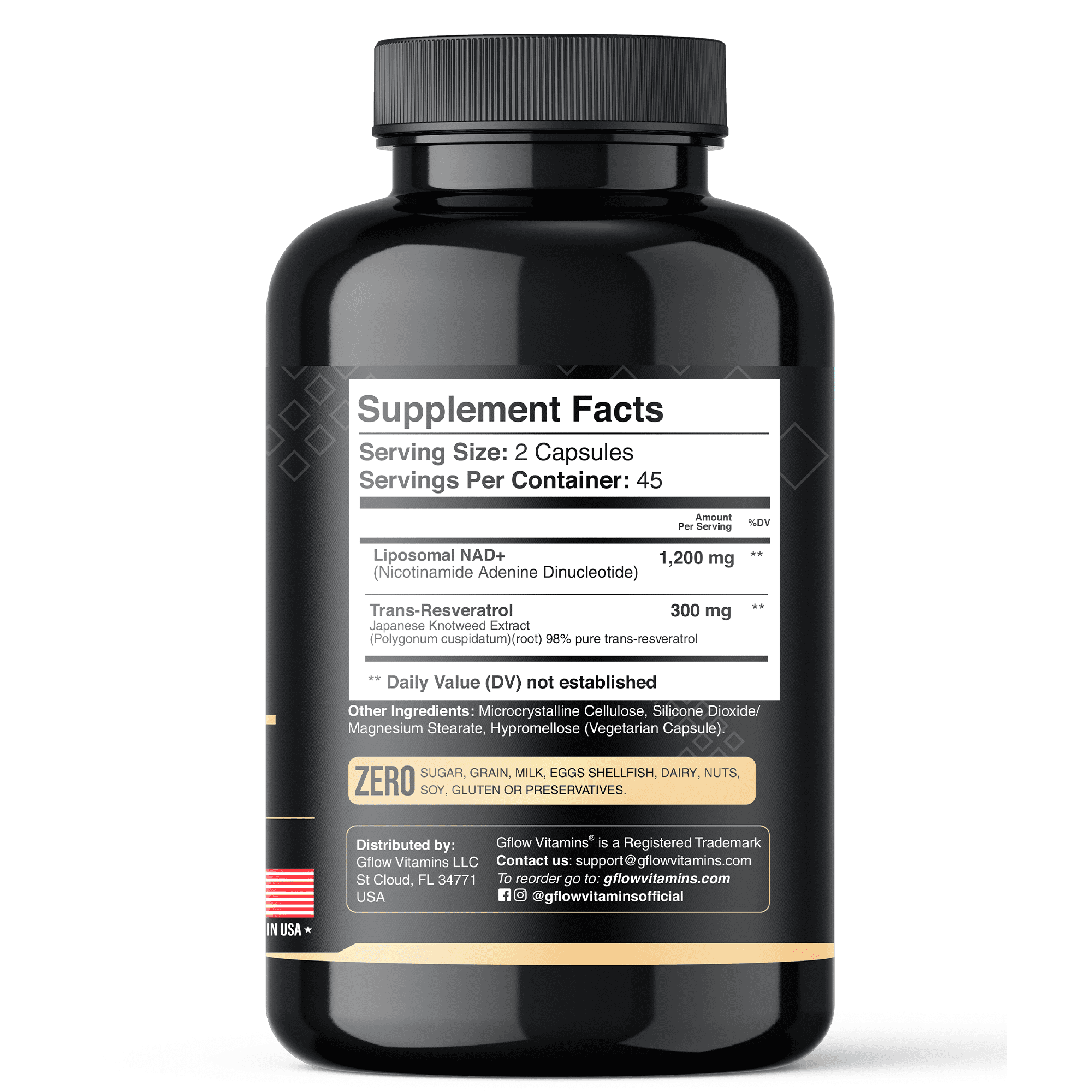 Gflow Vitamins NAD+ supplement (Nicotinamide Adenine Dinucleotide) with Resveratrol as 98% pure trans-resveratrol | Antioxidant Anti-Aging supplement made in the USA