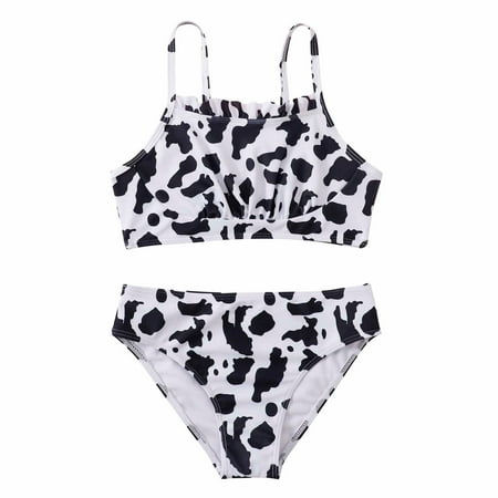 

QIPOPIQ Girls Swimsuit Clearance Summer Baby Swimwear Cow Printing Sleeveless Split Bikini Bathing Suit Swimming Set