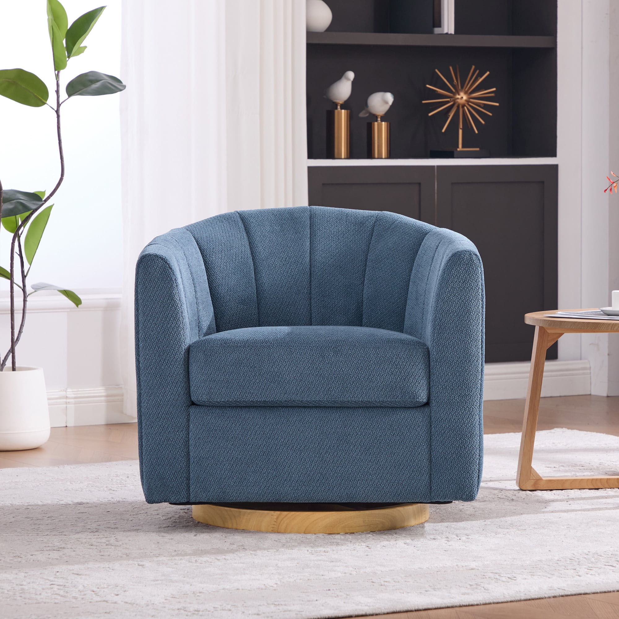 Leumius Swivel Barrel Chair with Solid Wood Base, Comfy Channel Tufted Accent Round Armchair, Single Club Sofa for Living Room Bedroom Reading Nook Corner Apartment, Blue