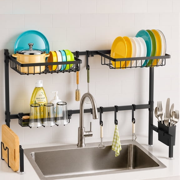 WLRETMCI Over The Sink Dish Drying Rack,Large Stainless Steel Dish Drying Rack Drainer, Expandable 2 Tier Dishes Racks for Kitchen Counter Organizer