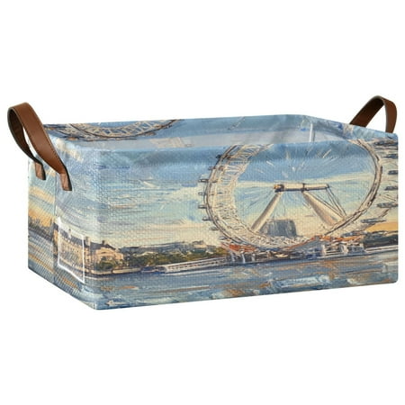 The London Eye Storage Basket Soccer Plaid Fabric Hoard Box Oversized Collapsible Closet Organizer with Metal Iron Frame 16.9×11.4×7.7in