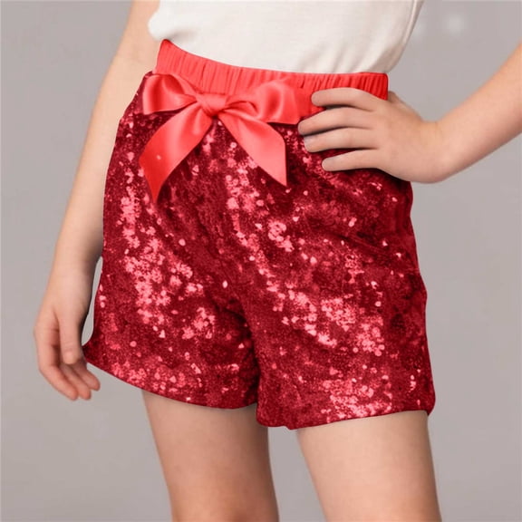 Xdegoge Girls Sequin Shorts with Satin Bow, Elastic Waist Sparkly Summer Shorts for Kids Party Holiday Outfits