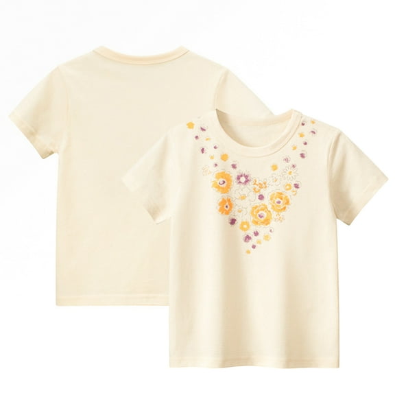 KYAIGUO 1-8Y Toddler Baby Girls Summer Short-Sleeve T-Shirt Kids Flower 100% Organic Cotton Tees Shirt Tops