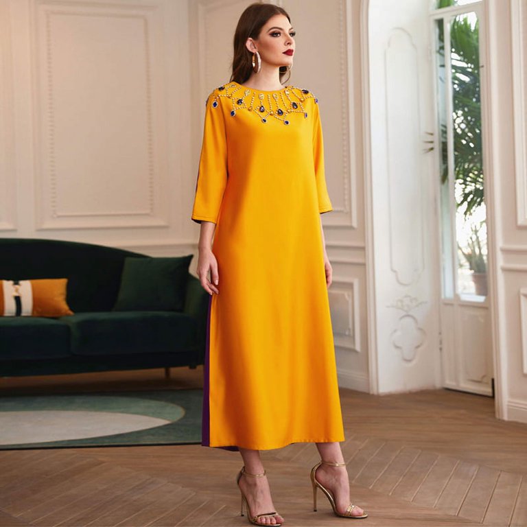 Amazing Snazzy Two Sides Dubai Modest Dress Rhinestone Maxi Dress Abaya  Kaftan Beaded Muslim Dress Long Women Summer - Walmart.com