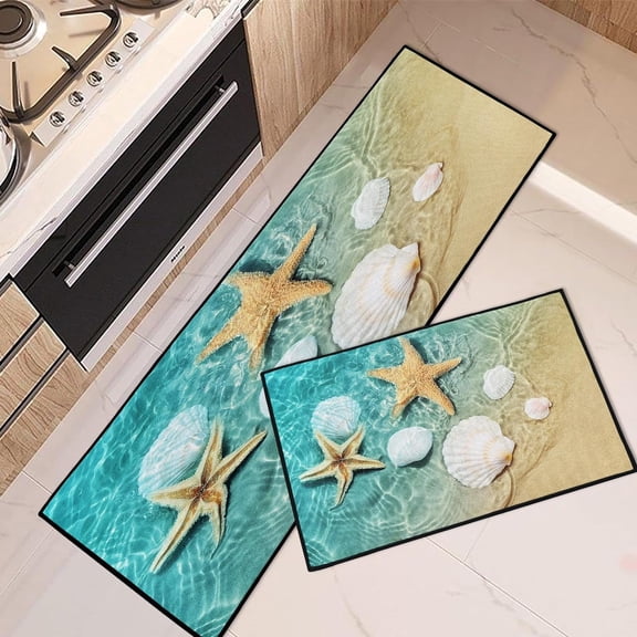Starfish and Seashell Kitchen Rugs and Mats Non Skid Washable Set of 2, Beach Kitchen Mats for Floor, Shell Star Sand Kitchen Runner Rug, Summer Kitchen Decor