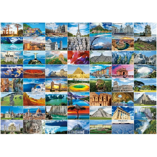 Puzzles for Adults 1000 Pieces, 56 Famous World Scenic Landmarks, Travel Poster Landscape Challenging Puzzle, Jigsaw Puzzles with Letters on Back