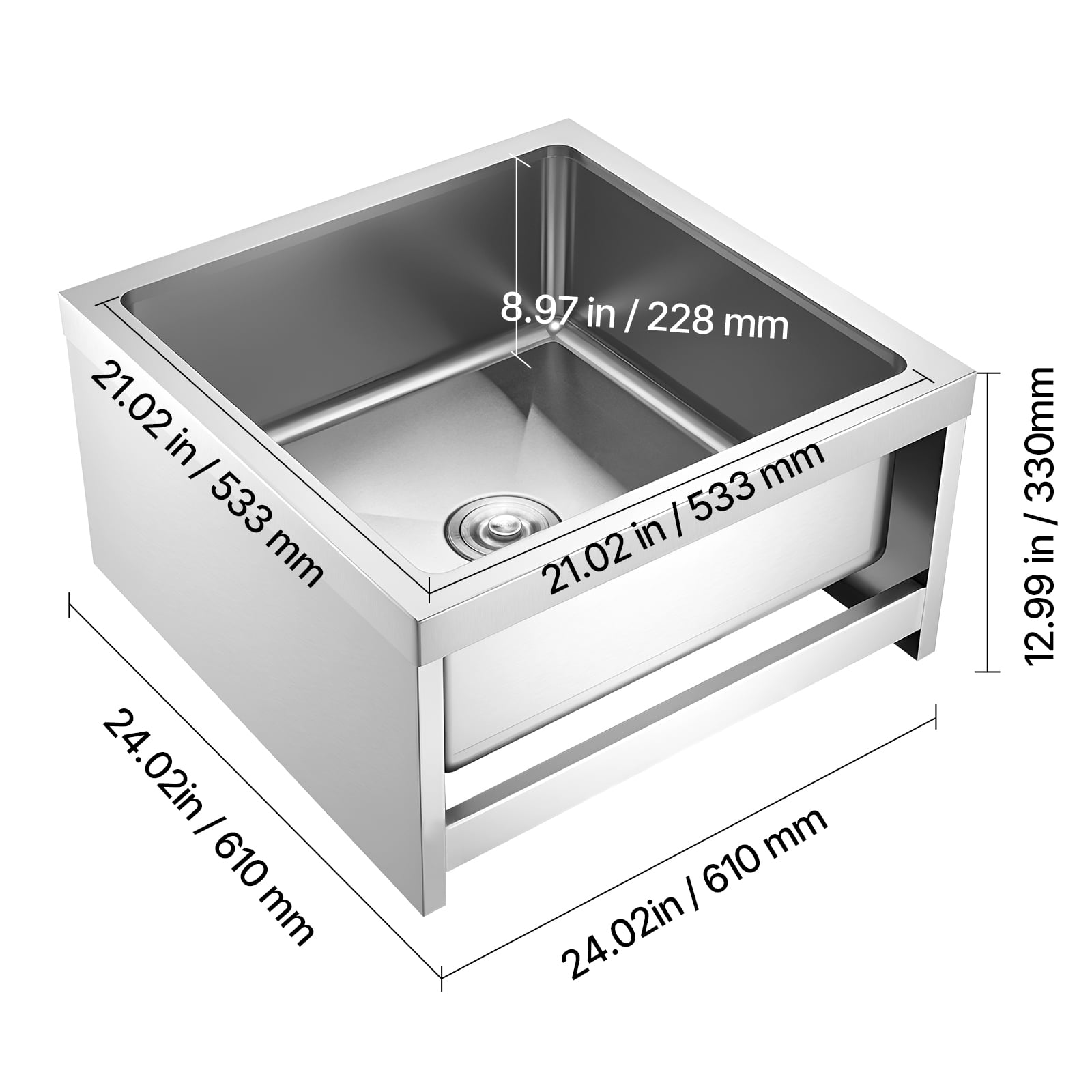 VEVOR Stainless Steel Floor Mop Sink, 24 x 24 x 13 in, 304 Stainless Steel, with 3-in-1 Filter and Wall-Mounted Bracket, X-Shaped Groove for Quick and Smooth Drainage, for Balcony and Bathroom