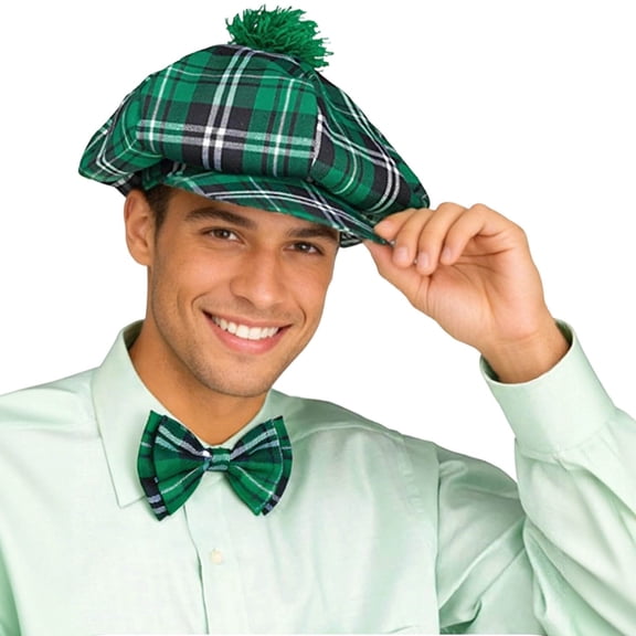 St. Patrick's Day Plaid Fabric Beret Hat and Bow Tie Set, Green Irish Cap Party Accessory for Women Men, One Size