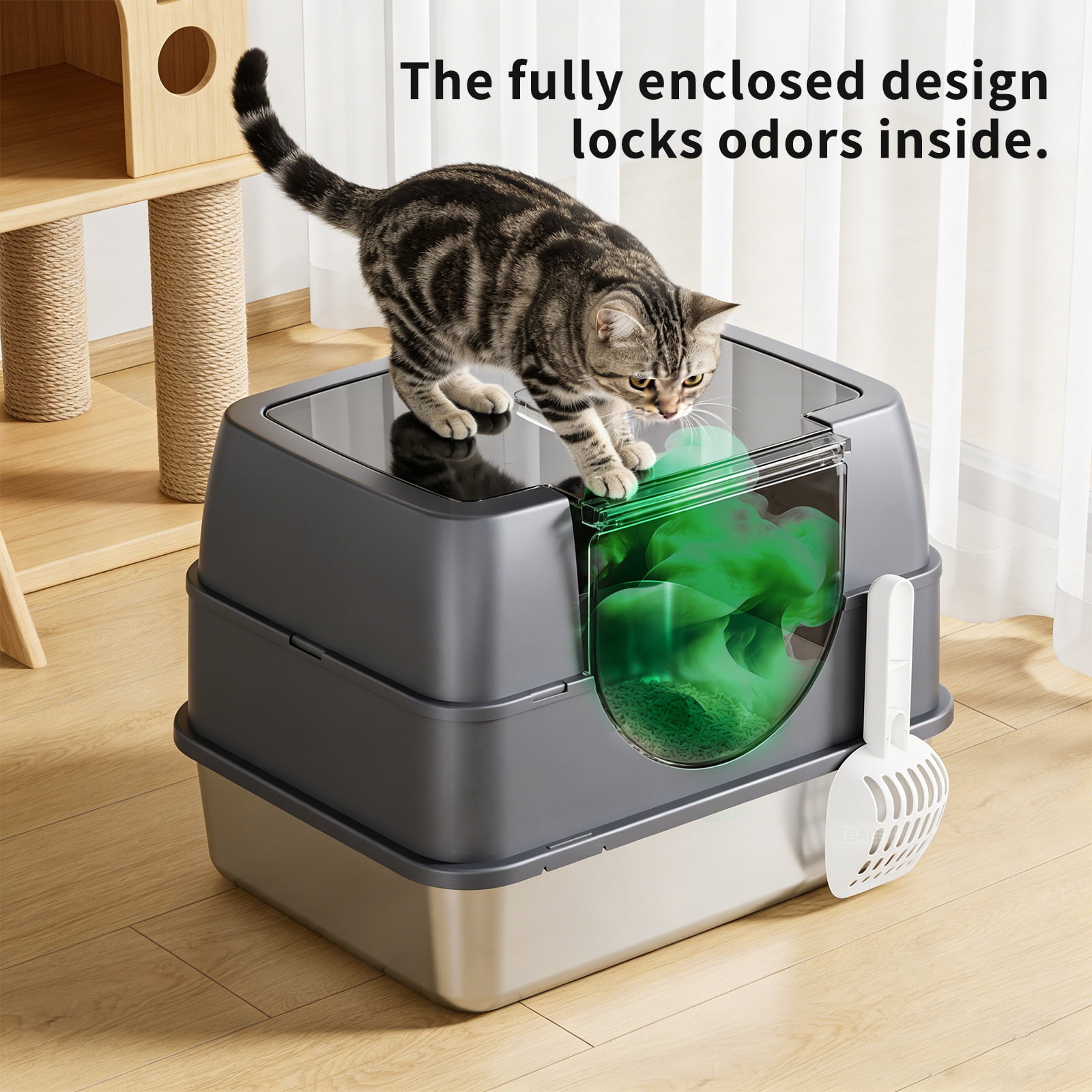 Enclosed Cat Litter Box with Scoop, Side Entry Cat Litterbox for Kitty & Multi-Cat, Anti-Leakage, Non-Sticky (Gray)