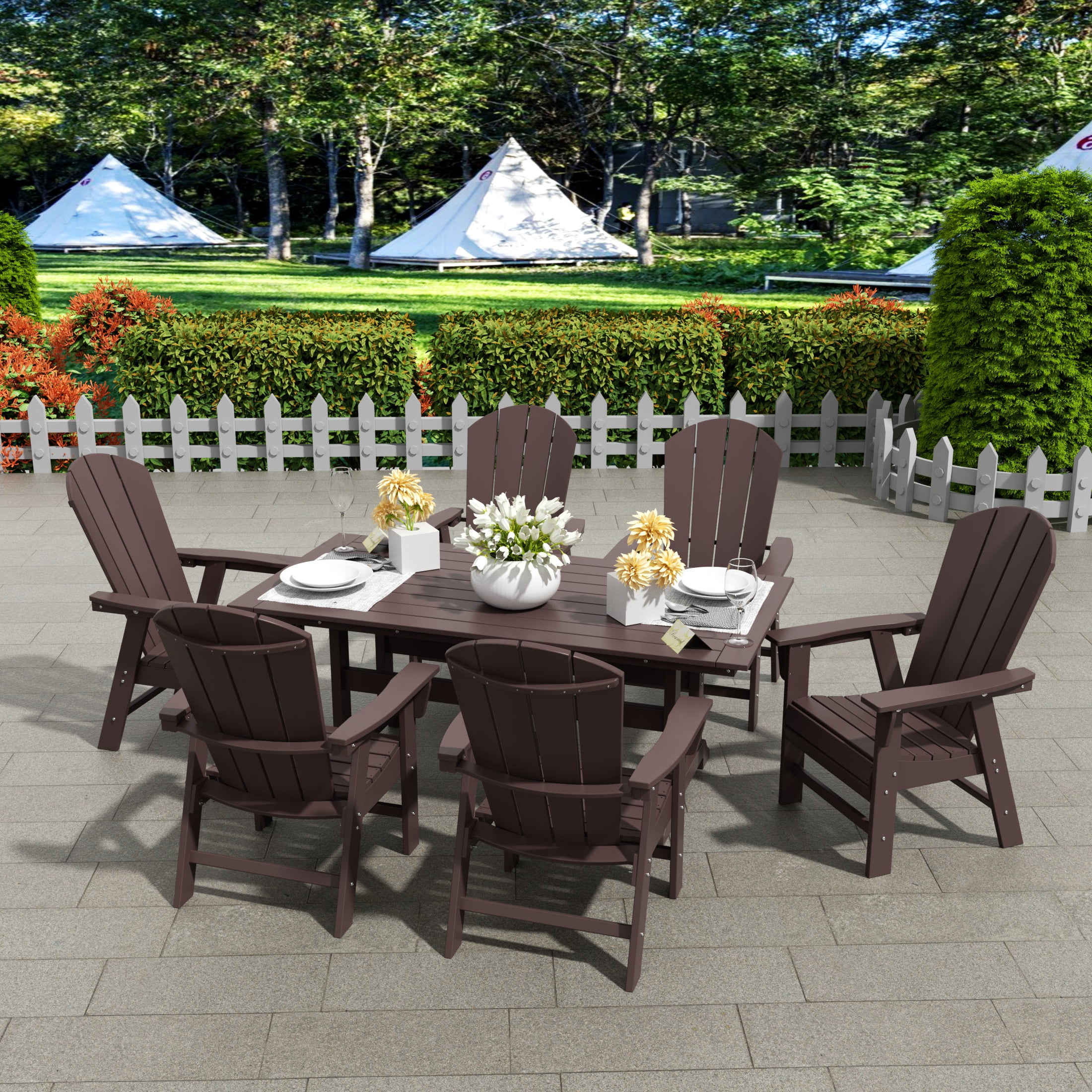 WestinTrends Malibu 7 Piece Adirondack Outdoor Dining Set, All Weather Poly Lumber Patio Table and Chairs Furniture Set, 71" Trestle Dining Table and 6 Adirondack Dining Chair, Dark Brown