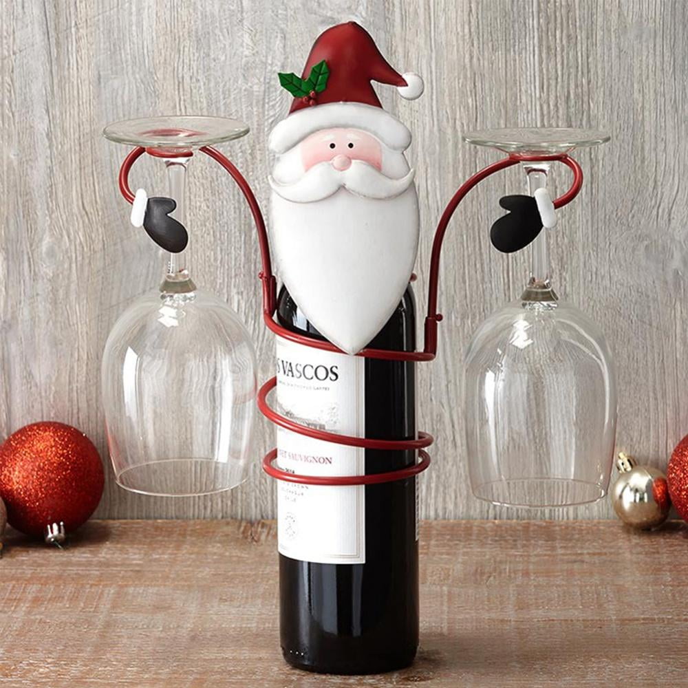 Holiday Wine Bottle and Glass Holder,Cute Metal Snowman Gnome Santa Christmas Holiday Wine Bottle & Glass Holders Countertop for Xmas,Wine Rack with Glass Holder Snowman+Santa